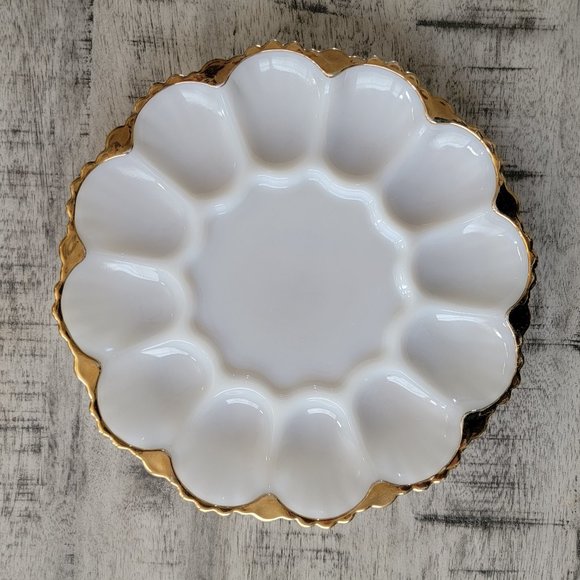 Dining Vintage Anchor Hocking Milk Glass Egg Plate With Gold Trim